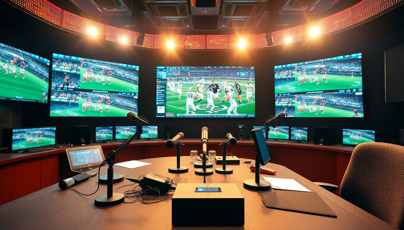 Engaging sports broadcasting studio with dynamic screens showcasing live sports action.
